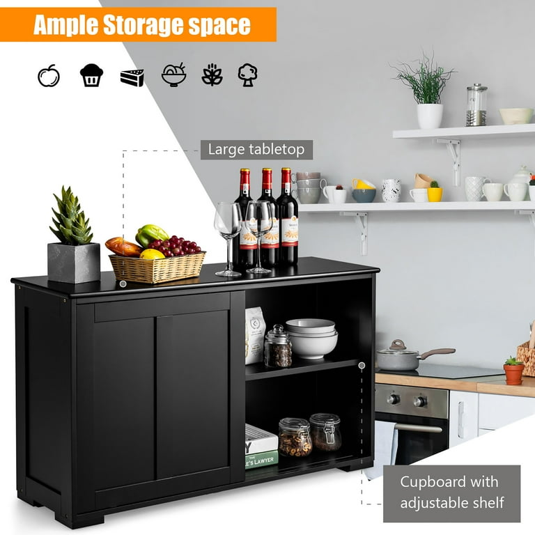Costway Black Kitchen Storage Cabinet Sideboard Buffet Cupboard Wood Sliding Door Pantry
