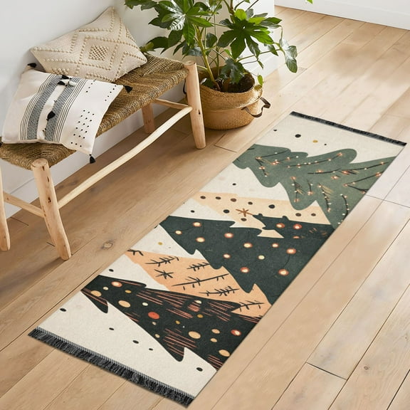 Yayeee Runner Rug for Bedroom 2'x6' Machine Washable Hallway Non Slip Mat, Beige Christmas Trees