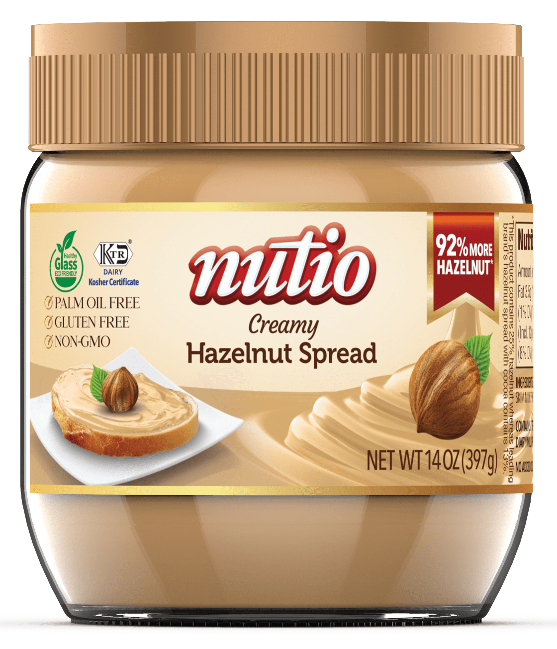 NUTIO Creamy Hazelnut Spread 14oz, smooth and naturally delicious, 92 more hazelnut, 37 less