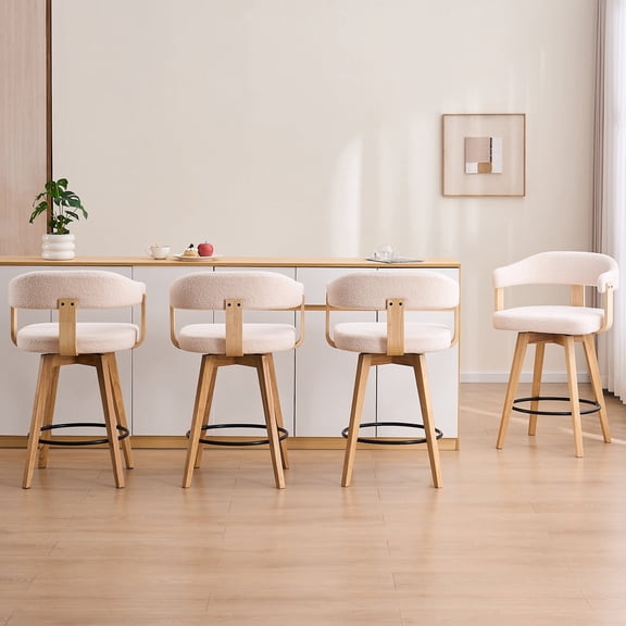 Joyyskill Swivel Bar Stools Set of 4, 26 Wood Counter Height Barstools with Curved Back, Mid Century Modern Boucle Upholstered Bar Chairs, Natural Oak/White