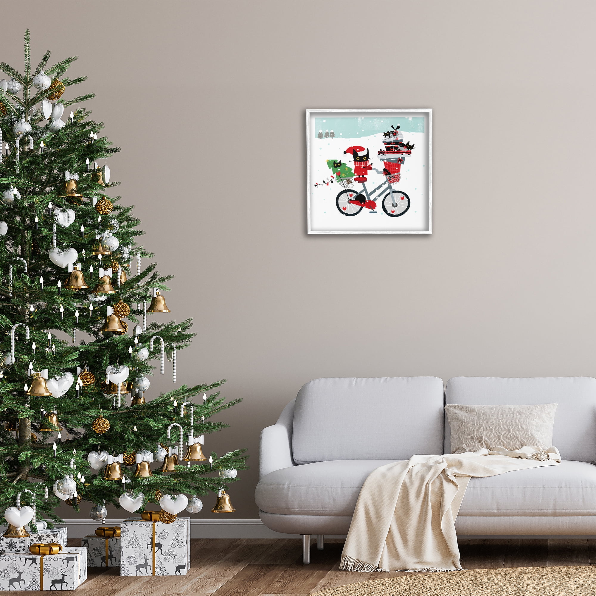 Stupell Industries Holiday Catmas Bicycle Holiday Painting White Framed Art Prints Wall Art, 24 x 24