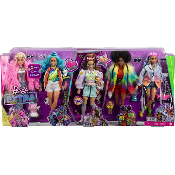Waarschijnlijk Ringlet compenseren Barbie Extra Fashion Doll 5-Pack with 6 Pets & 70 Styling Pieces, Clothes &  Accessories - Walmart.com