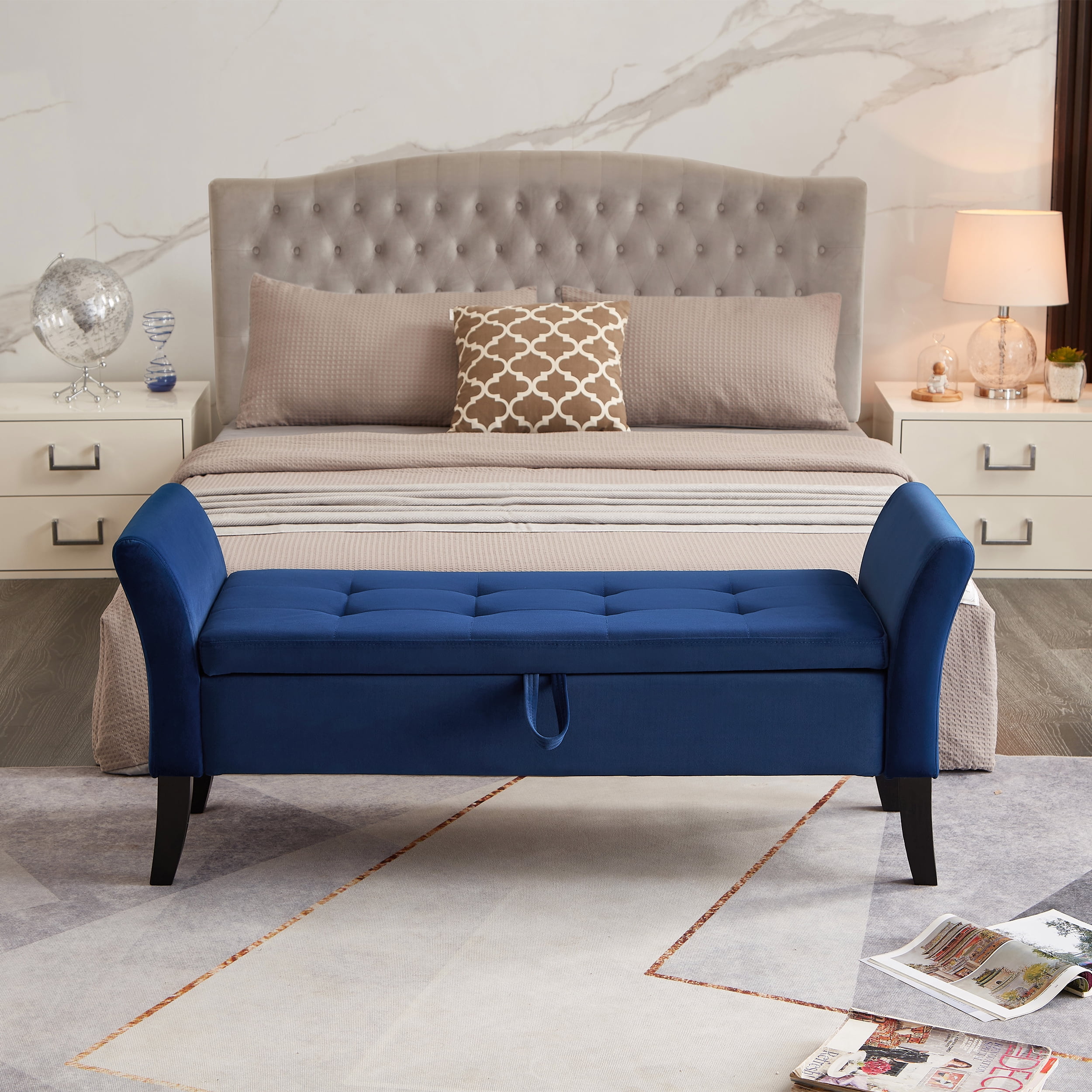 Miniyam Tufted Polyester Ottoman Bench with Cushioned Padded Seat, Blue