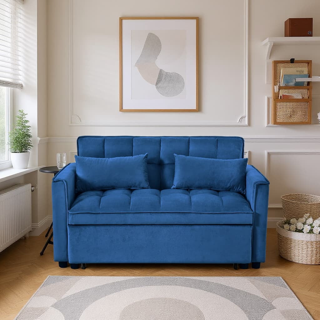 Gewnee 3-in-1 Convertible Futon Sofa Bed – 52.75" Velvet Pull-out Sofa Bed with Reclining Backrest,Side Pockets & 2 Toss Pillows – for Living Room,Apartment,Dorm(Navy Blue）