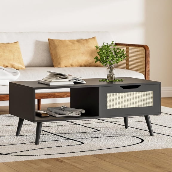 DIYART Black Rattan Coffee Table, Mid Century Modern with Drawer & Shelf, 39'' Wooden Boho Coffee Table for Living Room