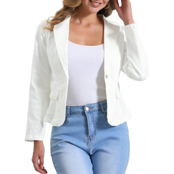 Chaqueta de mezclilla elástica para mujer INSPIRE CHIC con cuello de solapa, un botón, mangas largas, talla XL, color beige