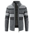 thumbnail image 1 of Lu's Chic Men's Slim Fit Cardigan Sweaters Soft Striped Thermal Winter Warm Thick Fleece Lined Knitted Full Zip Business Casual Cable Knit Long Sleeve Sweater with Pockets Color Block Dark Grey 44, 1 of 5