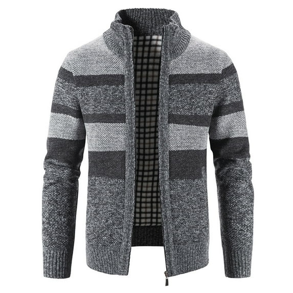 Lu's Chic Men's Slim Fit Cardigan Sweaters Soft Striped Thermal Winter Warm Thick Fleece Lined Knitted Full Zip Business Casual Cable Knit Long Sleeve Sweater with Pockets Color Block Dark Grey 44