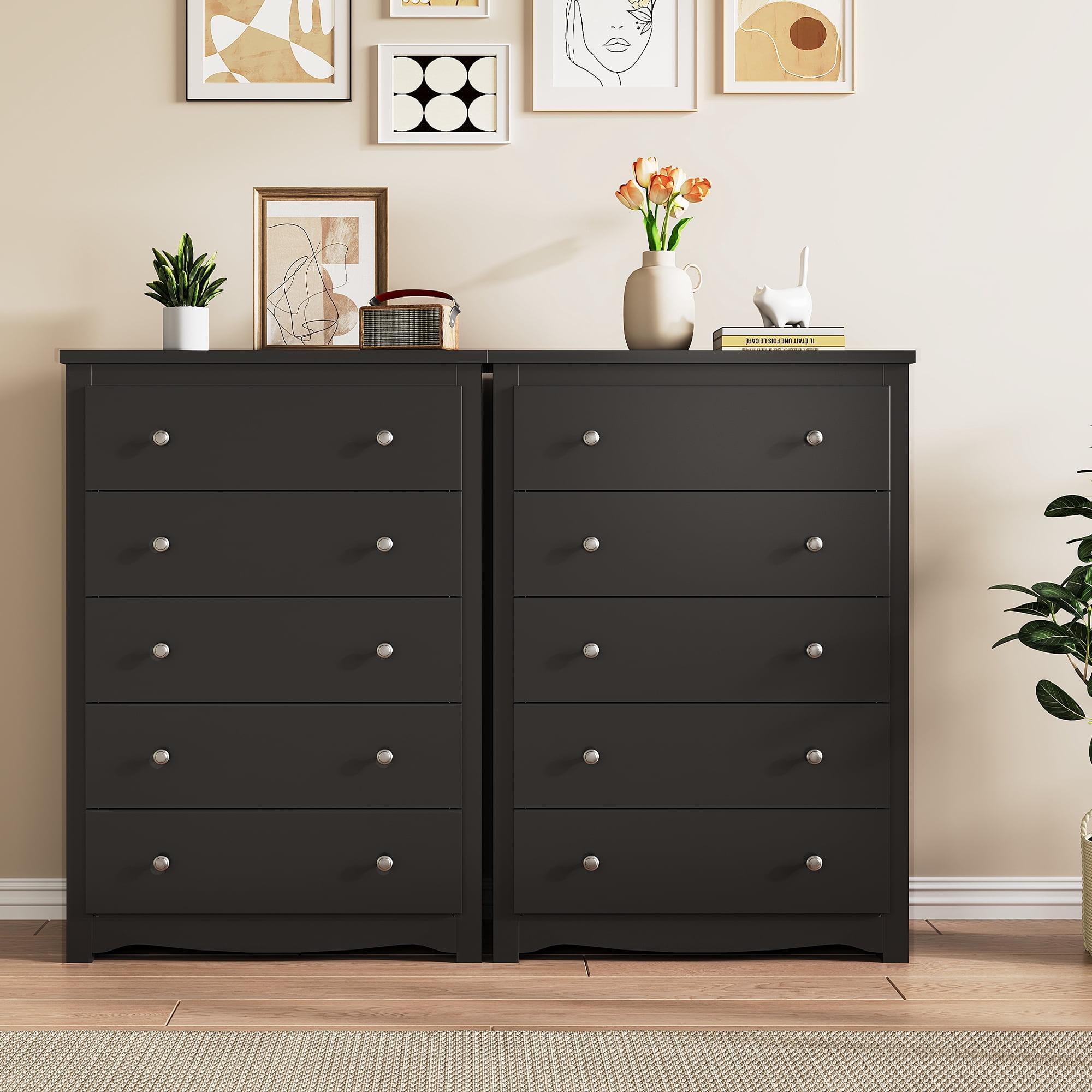 GALAXHERO 5 Drawer Dresser for Bedroom, Retro Wood Chest of Drawers, Tall Dresser with Round Metal Handle for Living Room, Hallway, Closet, Black