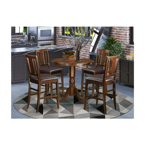 Counter Height Dining Set - 5 Piece Round Table & 4 Faux Leather Chairs - 36" Mahogany
