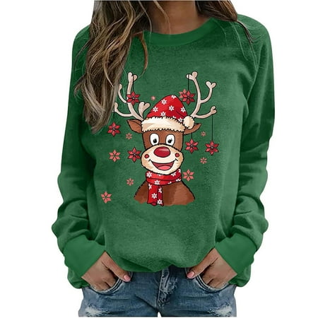 

Reindeer Print Sweatshirt Women Cute Oversized Shirt Crewneck Long Sleeve Holiday Pullover Tees