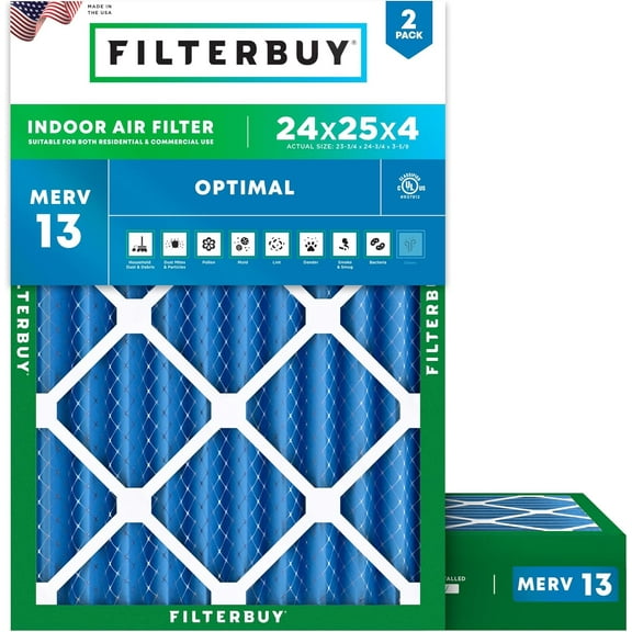 Filterbuy 24x25x4 Air Filter MERV 13 Smoke Defense, Pleated HVAC AC Furnace Filter Replacement, 2-Pack