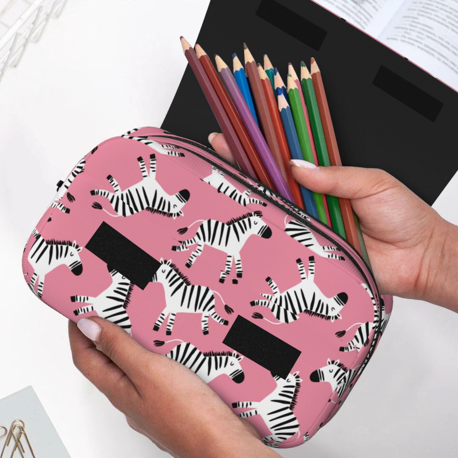 Rateoe Cute Cartoon Zebra Pattern Double Clamshell Pen Case, Storage Organizer with Two Zipper Compartments– Holds Up to 50 Pencils & Pens