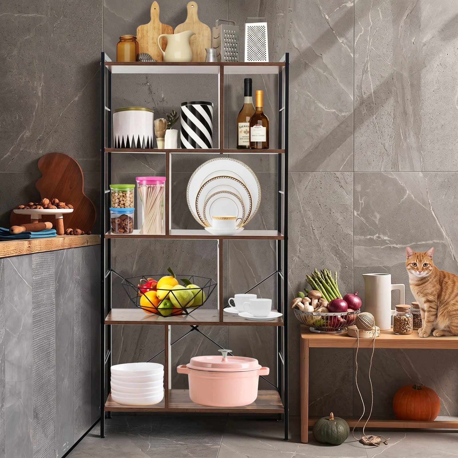 Furnibear 4-Tier Industrial Freestanding Bookshelf, Wood and Metal Frame Bookcase Open Storage Shelf with Anti-Toppling Device for Living Room Bedroom, Rustic Brown
