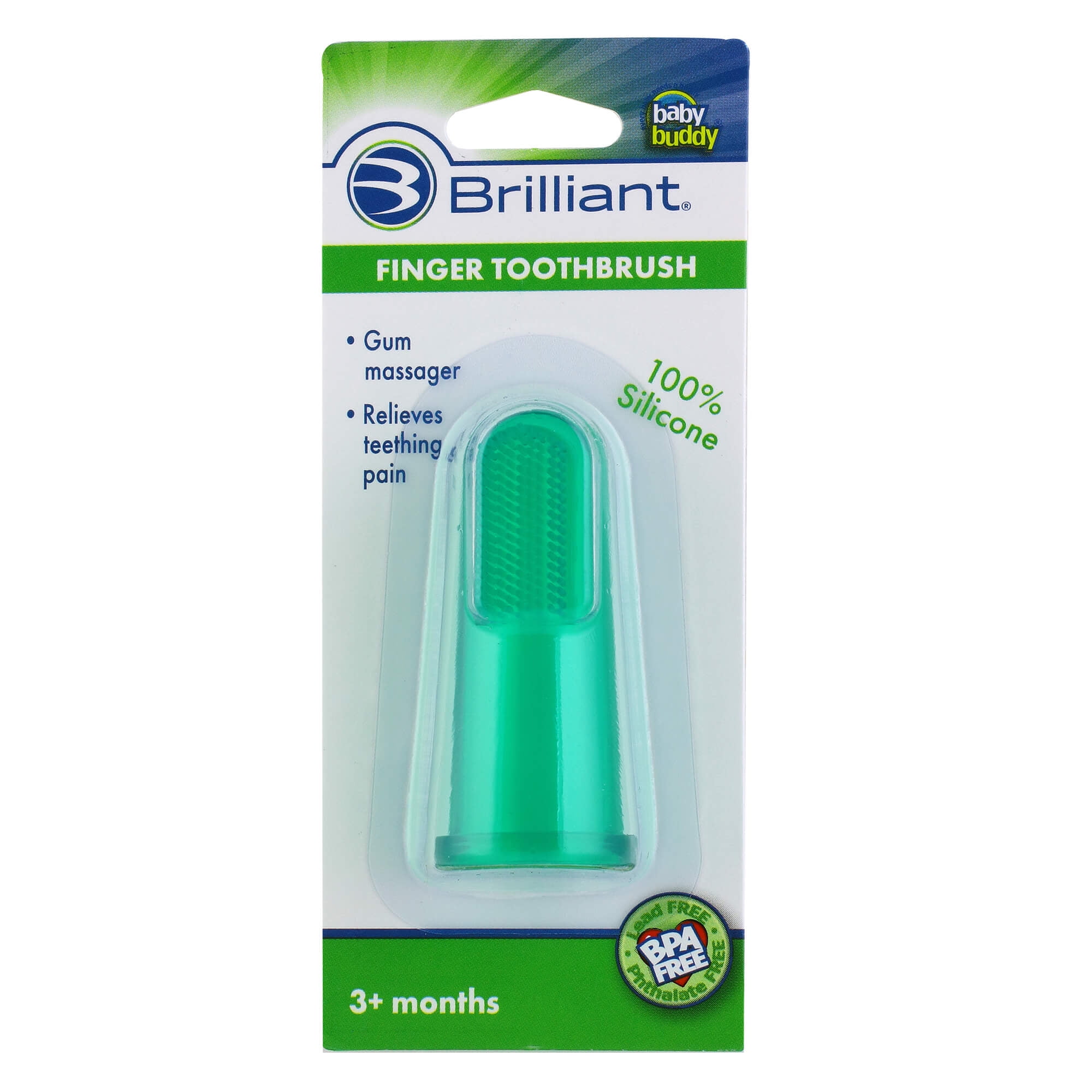Brilliant Baby Finger Toothbrush - Soft Silicone Gum Massager and Teether Brush for Babies and Toddlers - Green, 1 Count
