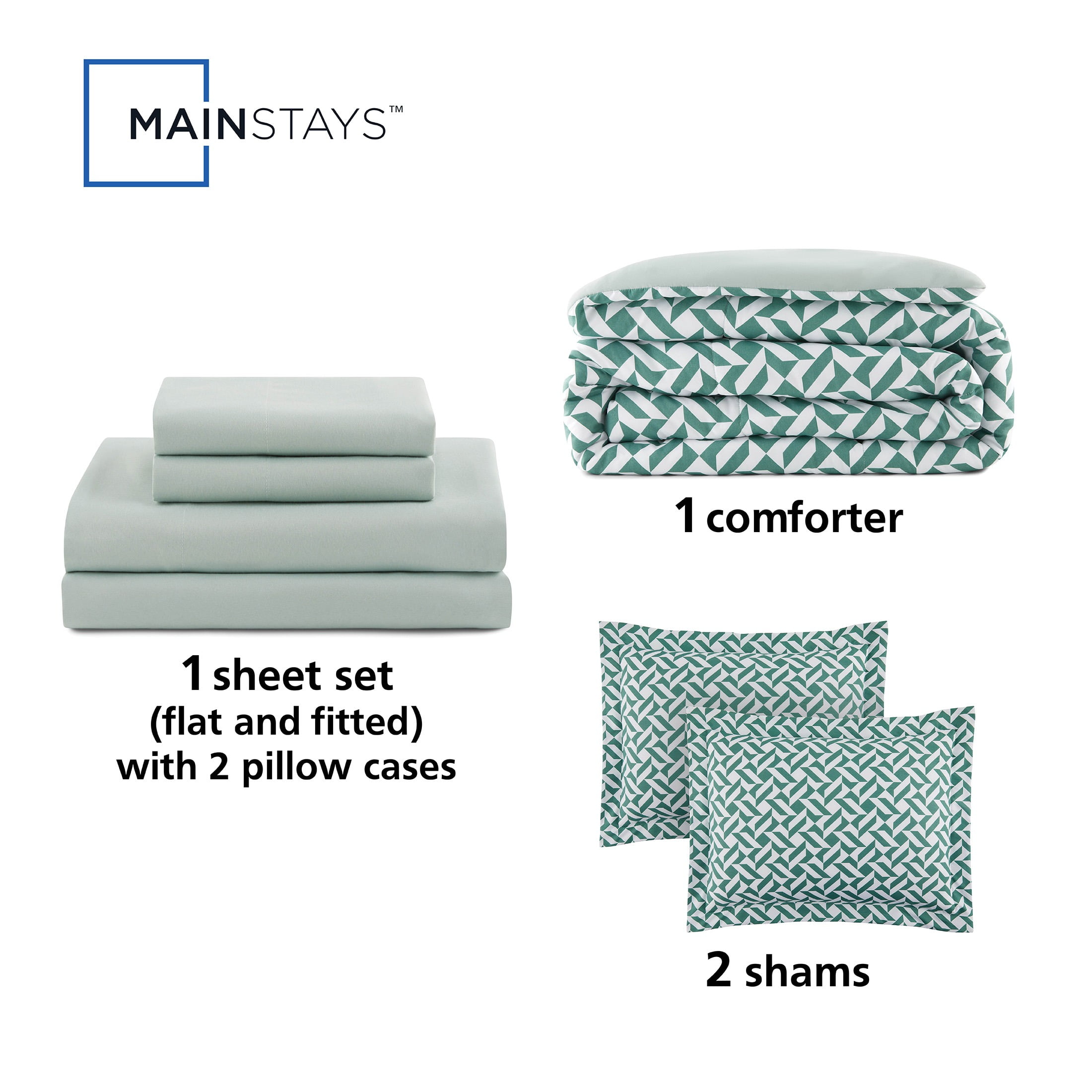 Mainstays Bed-in-a-Bag Comforter and Sheet Set, 7-Piece, King, Green Geo, Reversible