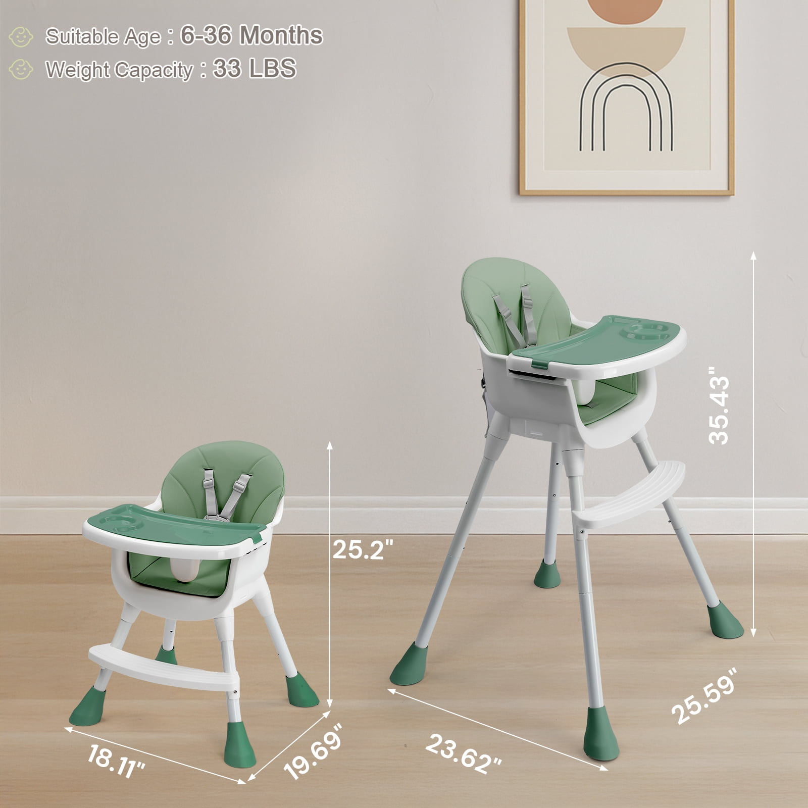 Ktaxon Baby High Chair, Convertible 3 in 1 High Chairs for Babies and Toddlers, Baby Highchair with 5-Point Safety Harness, Adjustable Dining Tray, Green