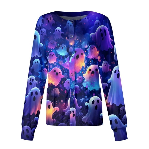 Homozy Halloween Bat Scrub Jackets for Women Long Sleeve Button Down Scrub Jackets with Pockets Ghost Graphic Nurse Working Uniform Light Purple XL