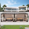 thumbnail image 3 of Gotland 10FTx24FT Outdoor Wall-Mounted Hardtop Pergola, Metal Frame Gazebo with Sloping Sun Panel Roof and Double Curtains for Patio, Garden, Lawn, Khaki, 3 of 8