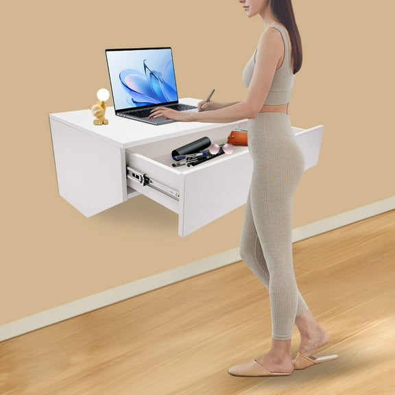 White Wall Mounted Desk with 28 inch Surface & Pull Out Drawer Wall Organizer