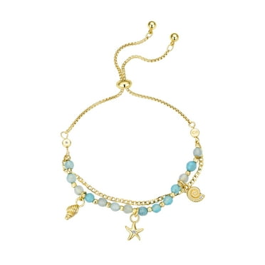Believe by Brilliance Women's Blue Quartz Seashell and Curb Chain Bolo Bracelet