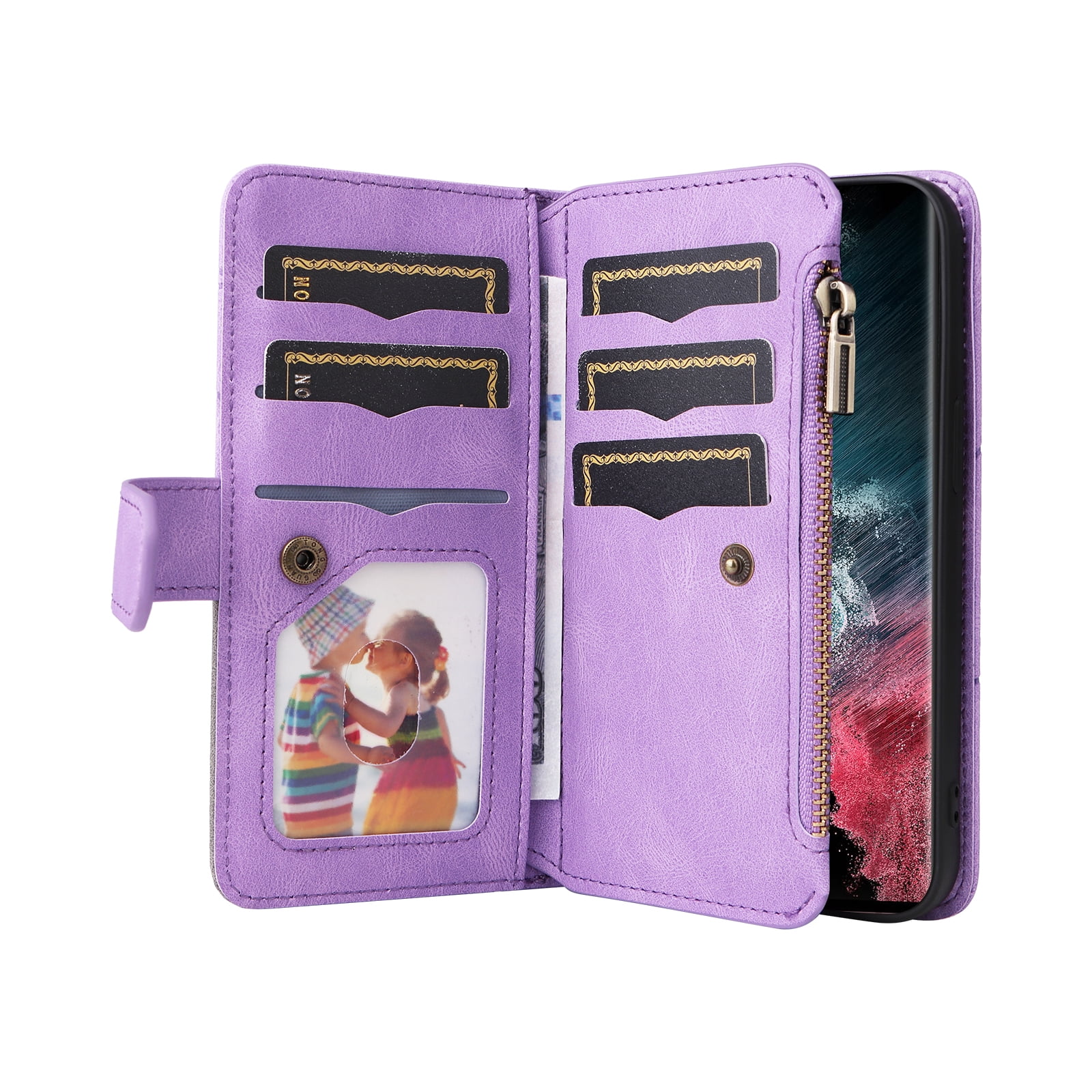 Dteck for Samsung Galaxy S23 Ultra Case Wallet with 9 Card Slots, Zipper Pocket PU Leather Folio Flip Phone Case with Wristlet Strap for Samsung Galaxy S23 Ultra 6.8 Inch, Purple