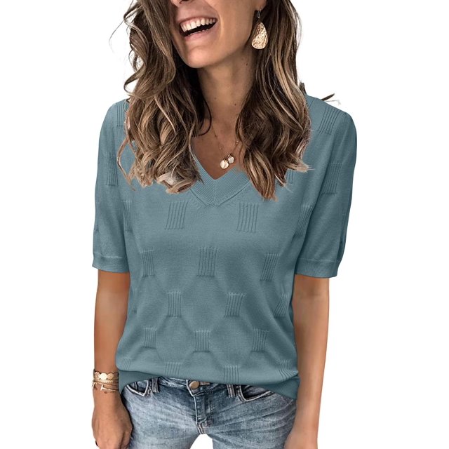Arach&Cloz Women's V-Neck Short Sleeve Special Rib Knitted Pattern Casual Tops Sweater Spring Summer 2025
