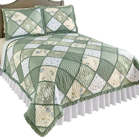 - Maya Reversible Patchwork Quilt with Ruffled Edge and Light Floral Pattern, Quilted Stitching, Country Charm, Gray, Light Green, Light Blue, Full/Queen, Green