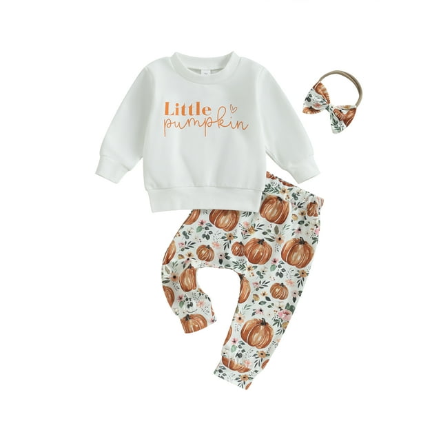 Tenue d'Halloween pour Bébé Filles, Sweat à Manches Longues Col Rond Lettres Imprimé Fleur Citrouille Pantalon Bandeau Ensemble