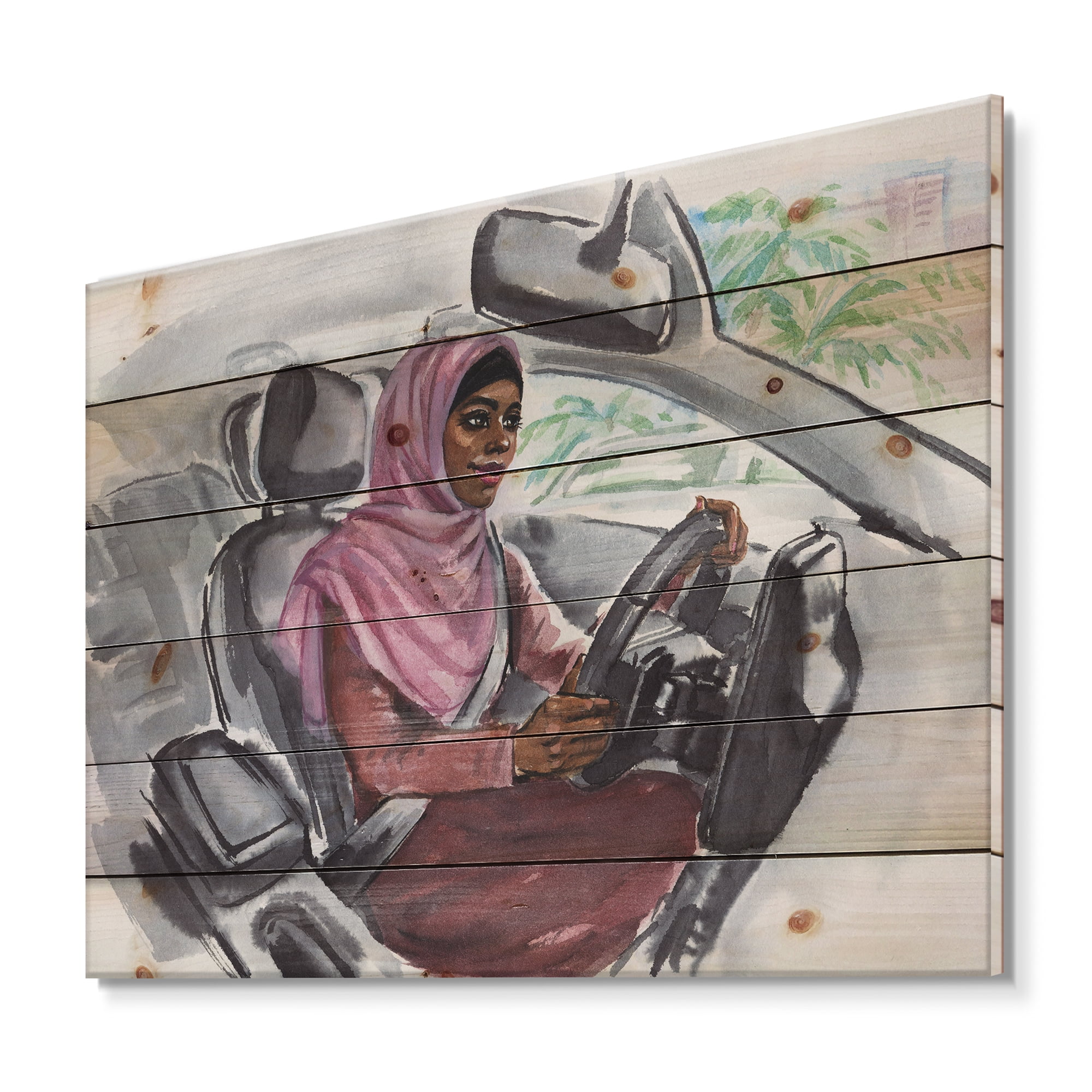 Designart 'Arabian Lady Driving A Car III' Modern Print on Natural Pine Wood