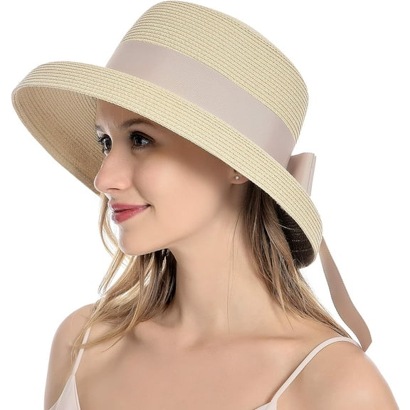Womens Sun Straw Hat Summer UV Protection Travel Foldable Brim Bucket Hat Vintage Cloche Beach Fishing Cap