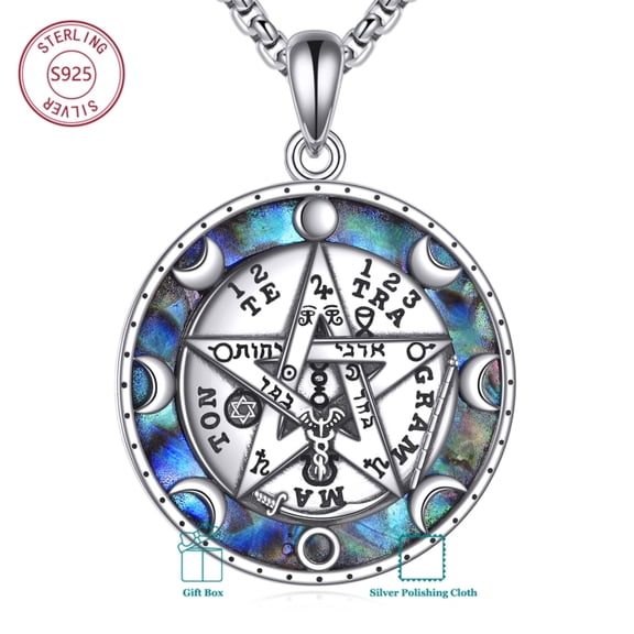 XATENJE Tetragrammaton Necklace 925 Sterling Silver Tetragrammaton Abalone Shell Pentagram Pendant Necklace Wiccan Protection Amulet Pagan Jewelry for Women Men