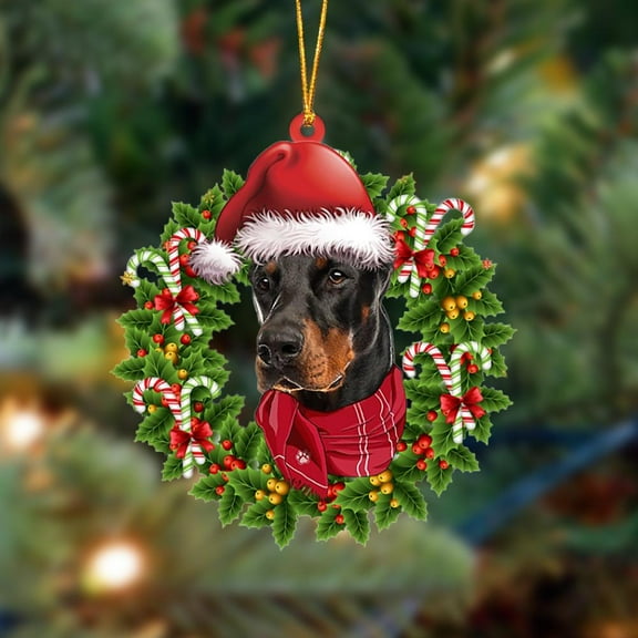 Acrylic 2D FLAT Doberman-Xmas Bandana Hanging Ornament