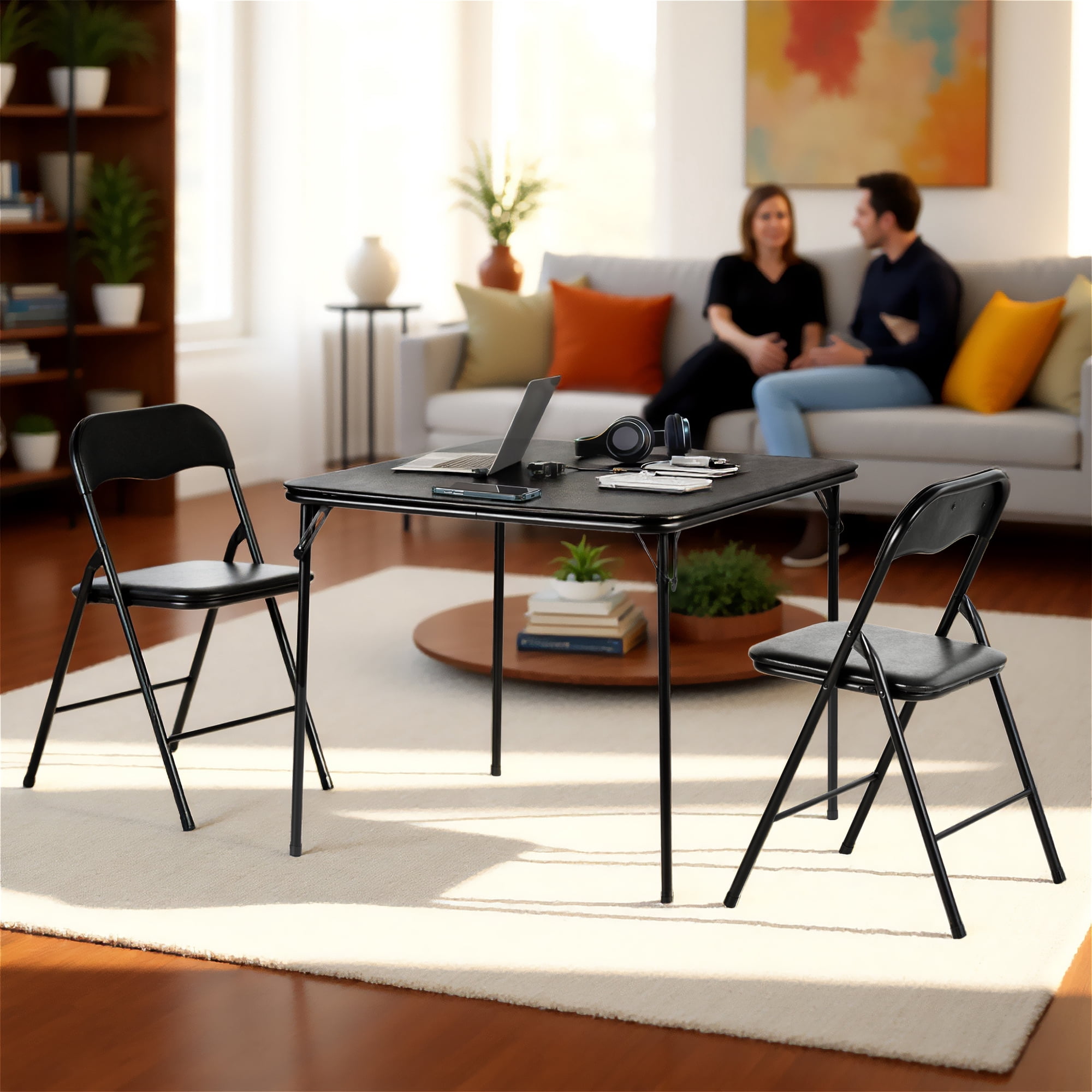 Homy Casa 3-Piece Folding Dining Set with 33.9in Square Table and 2 Metal Chairs, Black
