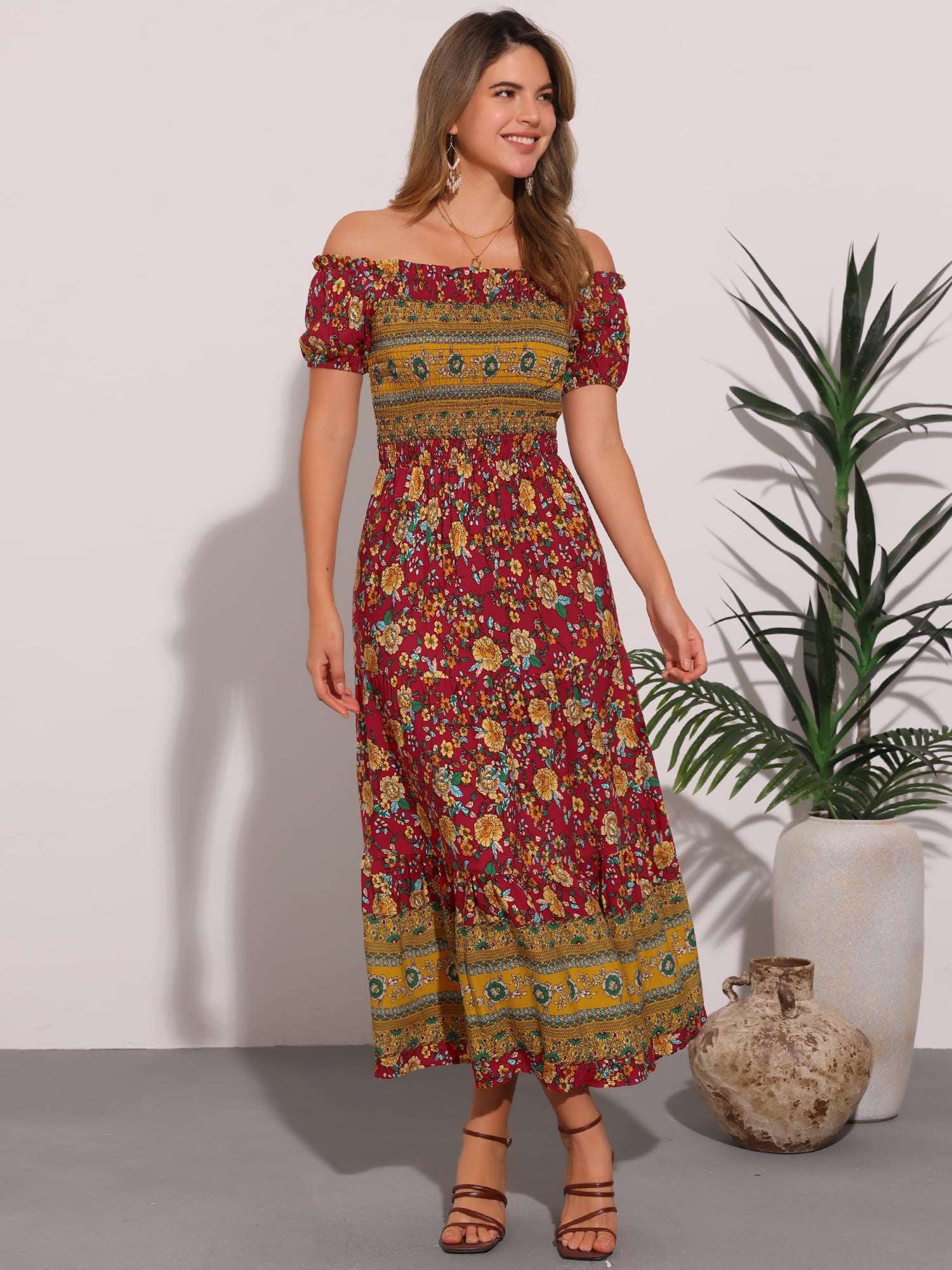 DARING DIVA Boho Floral Dress Midi Smocked Dress M Red