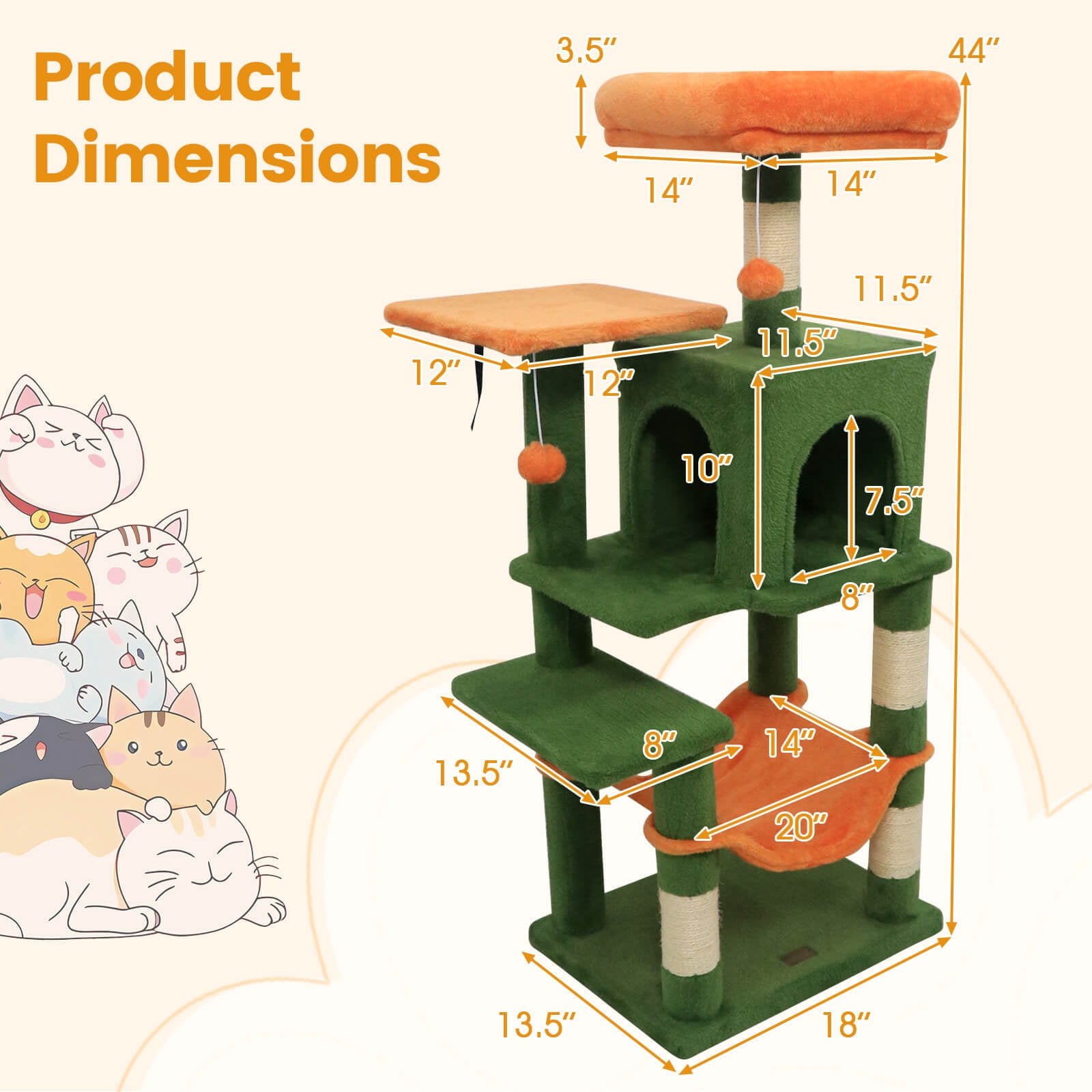 Costway 44” Tall Multi-level Cat Tree, Modern Cat Tower with 2-Entrance Large Cat Condo Green Orange