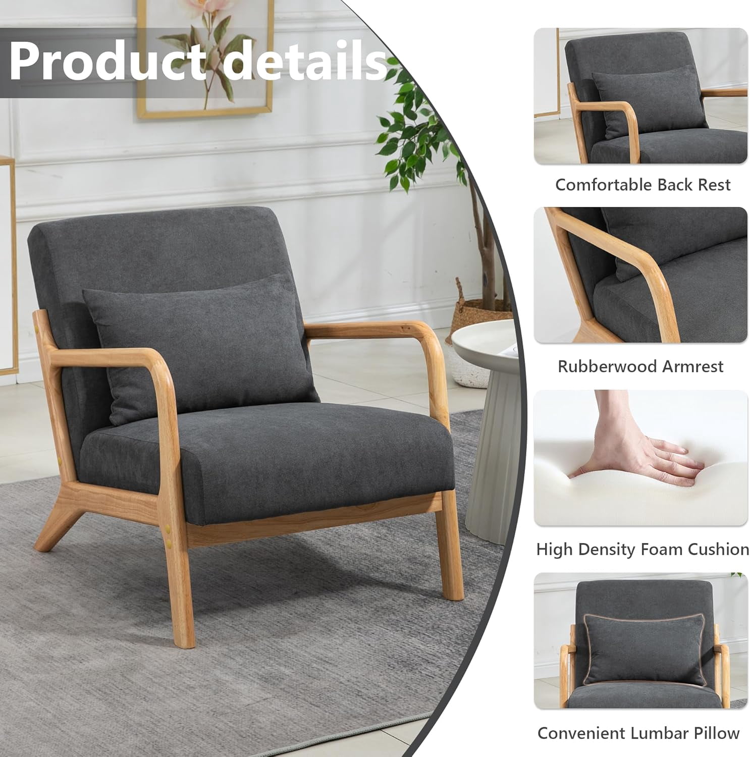 MOONMISS Mid-Century Modern Accent Chair, Velvet Fabric Arm Chair with Wood Frame and Pillow, Upholstered Armchair Comfort Reading Chair Lounge Chair for Living Room Bedroom Sunroom, Gray