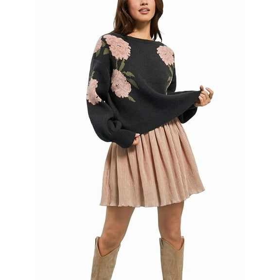 Women'S Vintage Floral Sweater Boat Neck Long Sleeve Knit Casual Pullover Tops