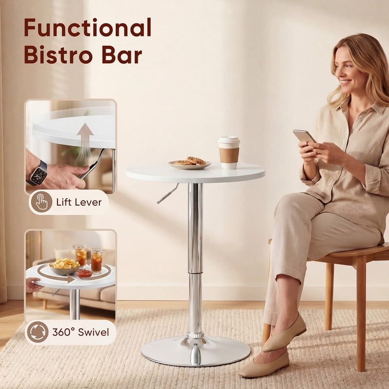 Lacoo 2 Pcs 23.6" Adjustable Round Bistro Pub Table, Swivel Pub Table with Metal Base for Home Bar, Kitchen, Dining Room, White/Sliver