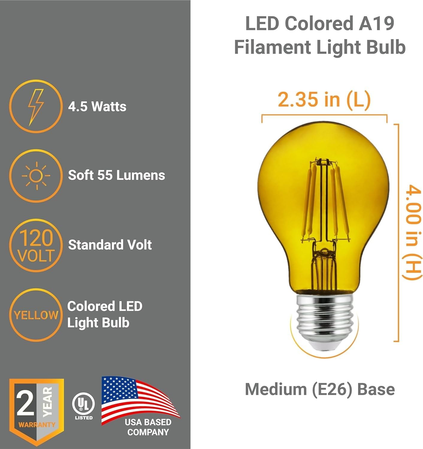 Diodesy- Pack of 4 A19/LED/FS/4.5W/TY A19 Yellow LED Bug Light Bulbs, 4.5 Watts, Glass Filament Bulb, E26 Dimmable for Indoor Use, Porch, Patio, Party Decoration, Home/Holiday Lighting, UL Listed