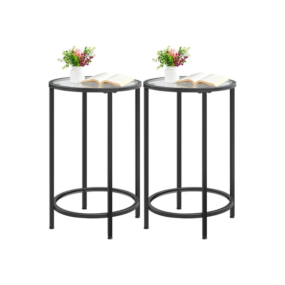 Round glass end table set of 2, modern side table with tempered glass top and sturdy metal frame, versatile accent tables for living room, bedroom, balcony, office, small spaces, black
