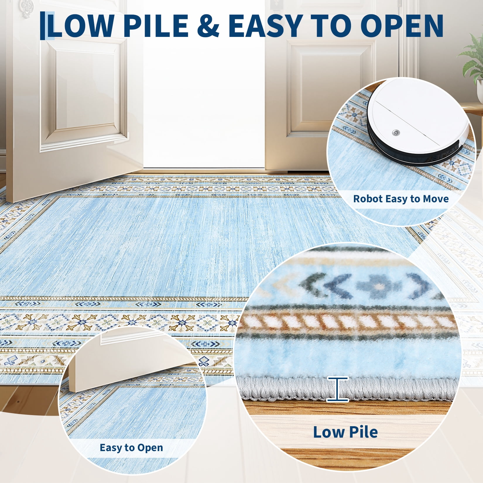 Garvee 8'x10' Bordered Rug Area Rug Contemporary Floral Washable Rugs Low Pile Non-Slip Rugs, Light Blue