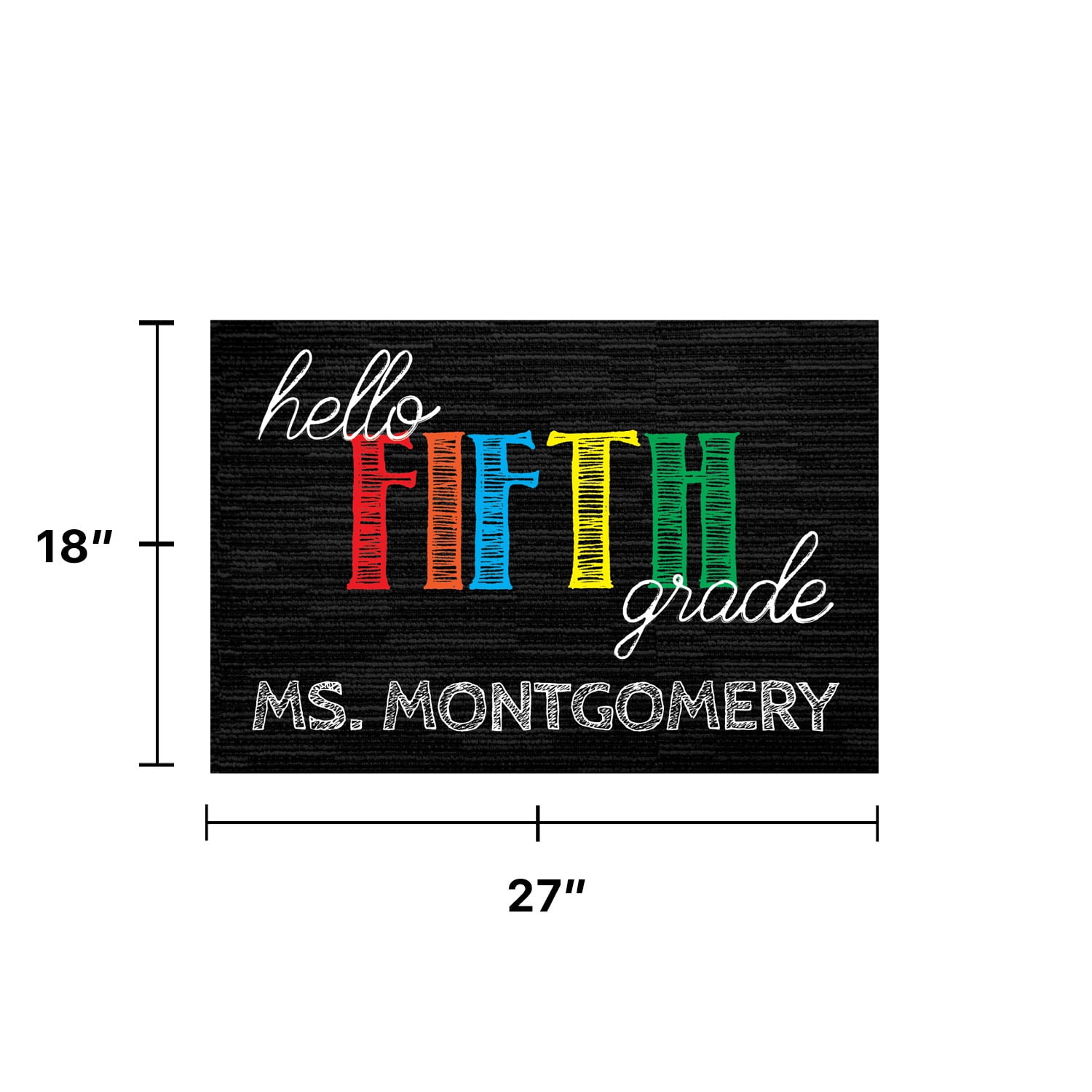 Personalized Planet 27x18 Hello Fifth Grade Doormat with Custom Teacher Name Printed on Black Rectangular 1/8” Thick Non Slip Mat for School Classroom or Home