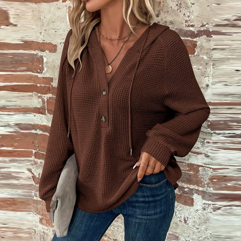 long sleeve waffle knit henley hoodie