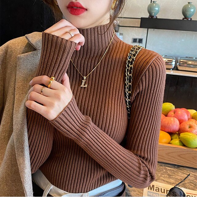 PIKADINGNIS Ribbed Long Sleeve Turtleneck Sweaters Women Winter