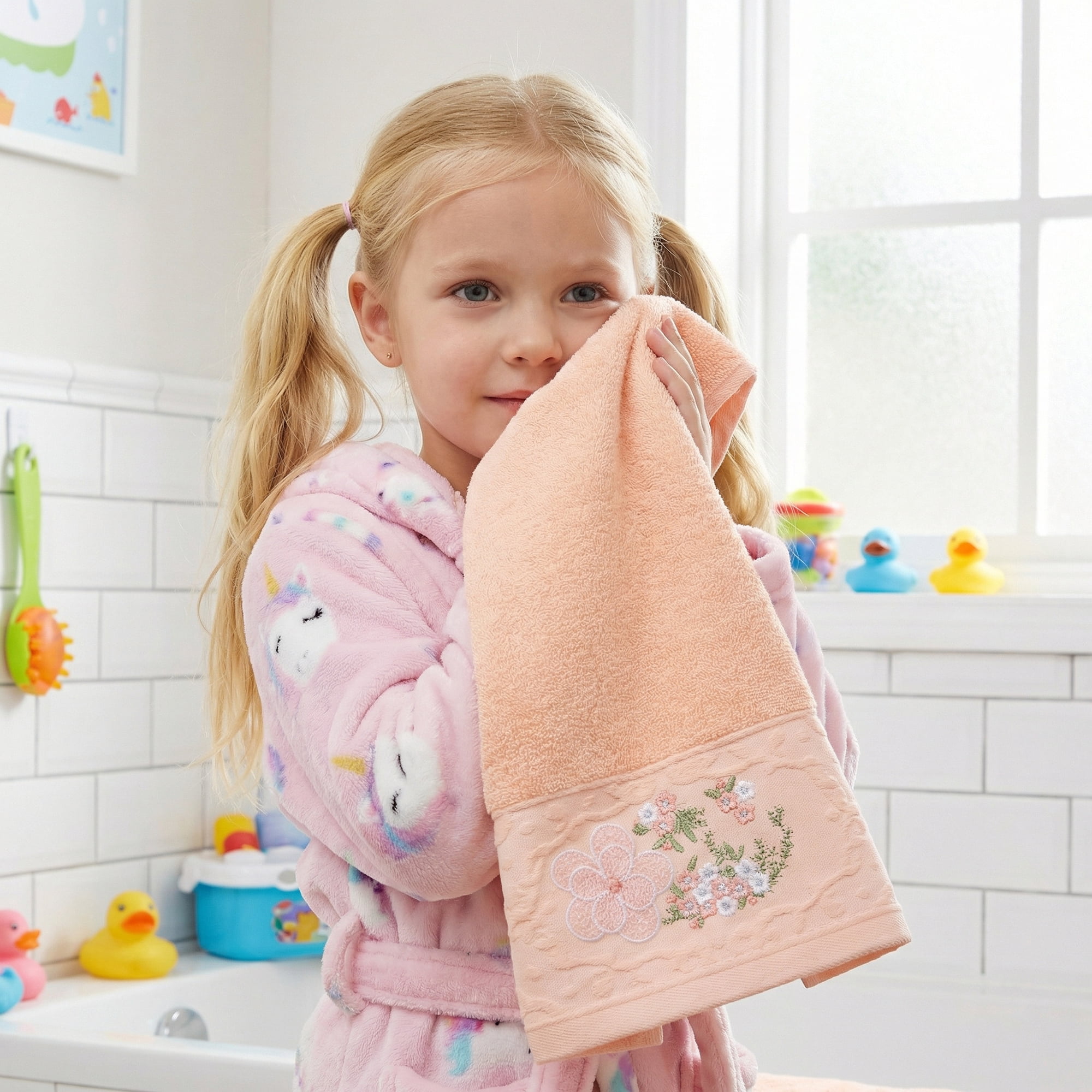 Unique Bargains Floral Embroidered Hand Towels Soft Absorbent Set Pink/Brown 29" x 13"