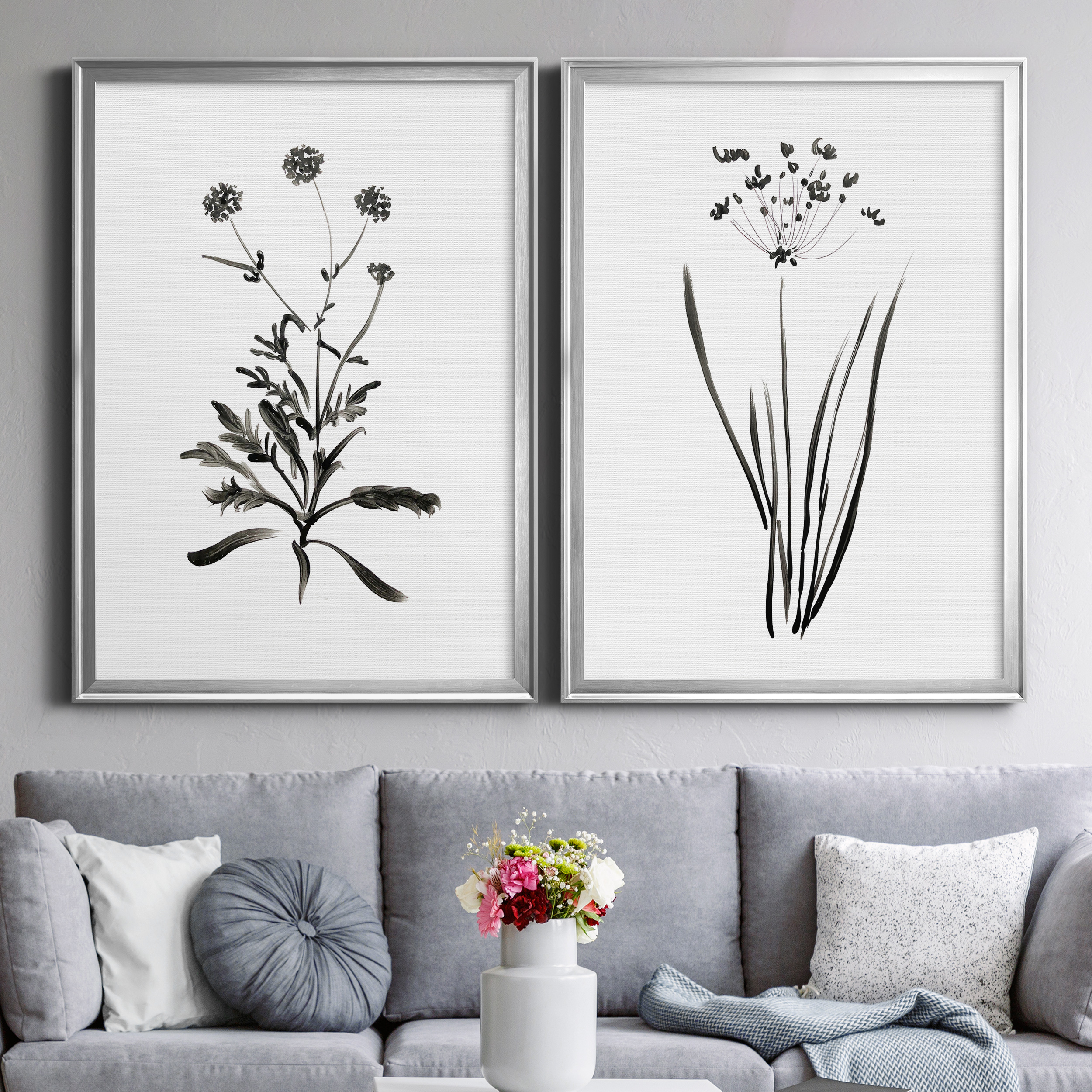 2 Piece Set Inky Botanical I Premium Framed Canvas - Ready to Hang - 26.5 x 36.5 Each - Silver Frame