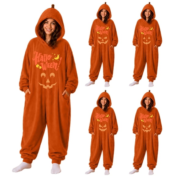 Red Women's Pajamas Plush Cosplay Pumpkin One Piece Pajs Polyester Halloween Cute Pumpkin Onesie Pajamas for Women Men Funny Party Cosplay Costume Family Hooded Plush Cozy Warm Sleepwear S