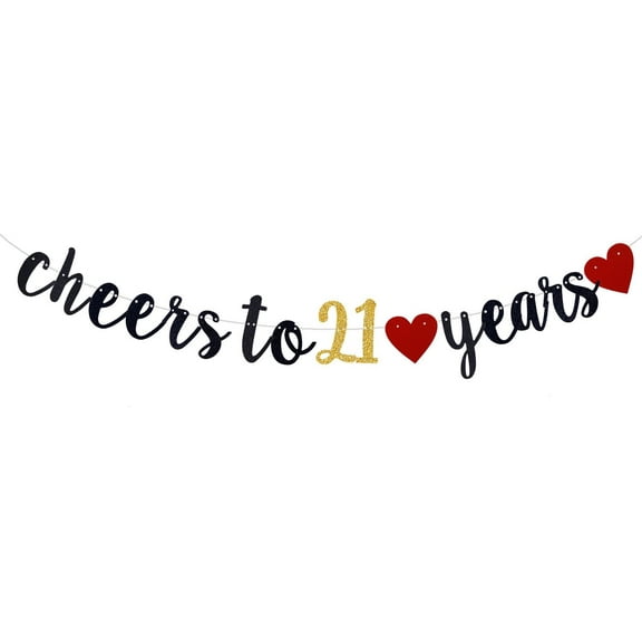 Cheers to 21 Years Black Glitter Banner, 21st Birthday/Wedding Anniversary Party Decorations Bunting Sign Backdrops (Pre-Strung)