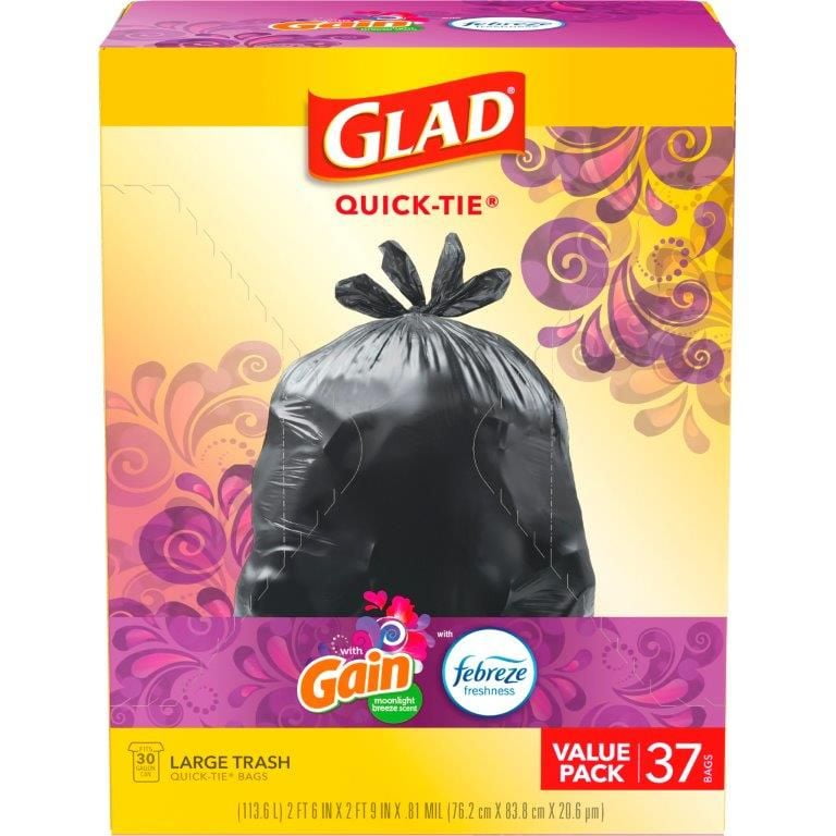 Glad Quick Tie 30 Gallon Capacity,  Black Trash Bags Moonlight Breeze Scent 37 Ct